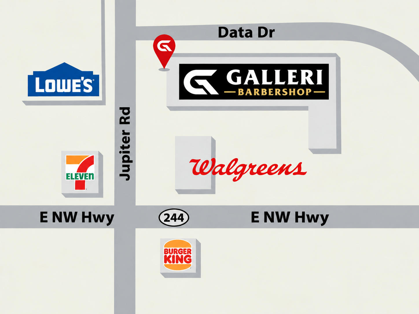 Galleri Barbershop location map near E NW Hwy, Jupiter Rd, Lowe's and Walgreens